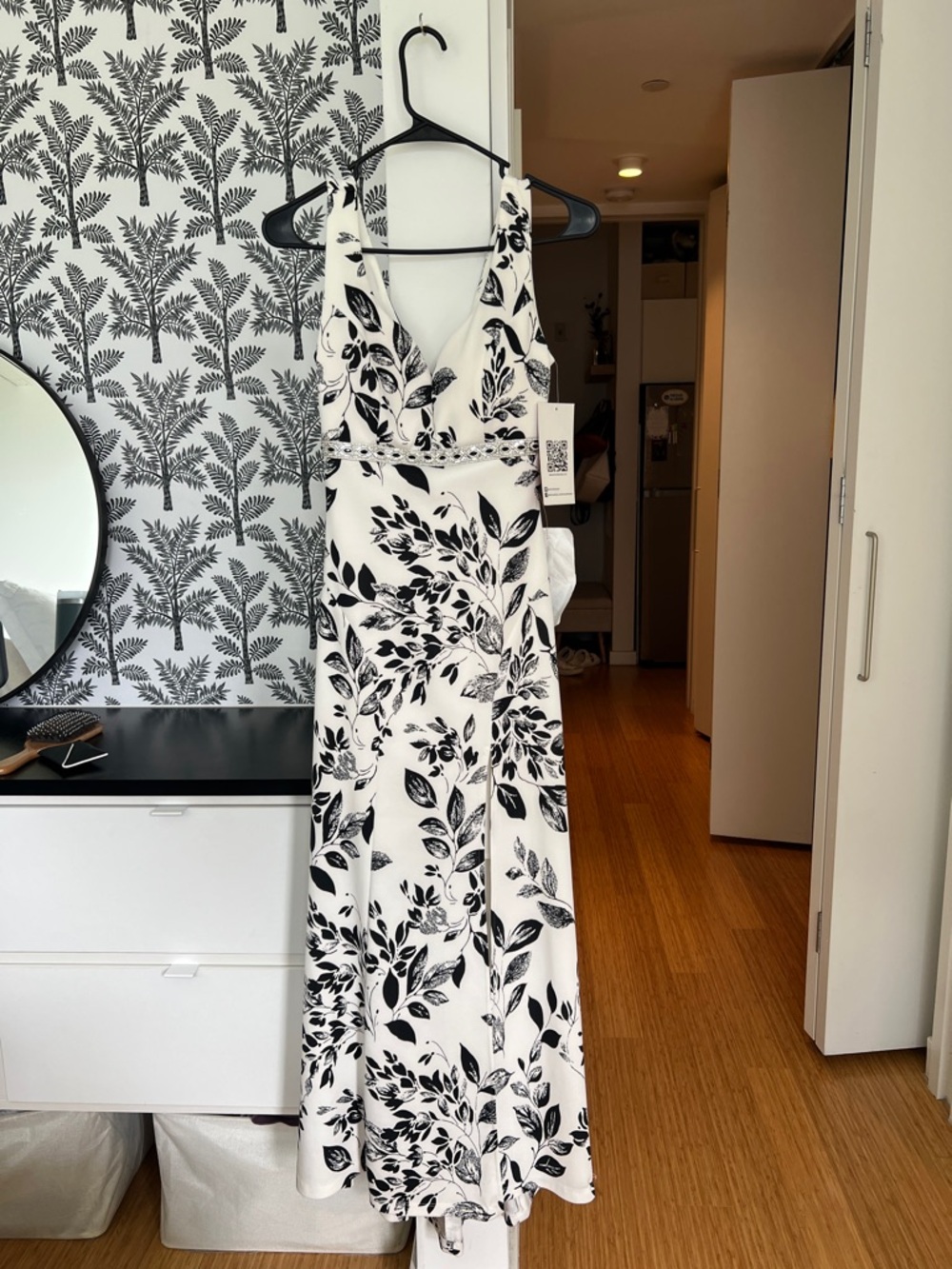 Elegant White & Black Floral Wedding Guest Dress